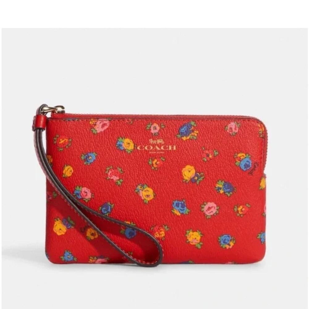 Sold COACH Corner Red Zip Wristlet With Floral Print